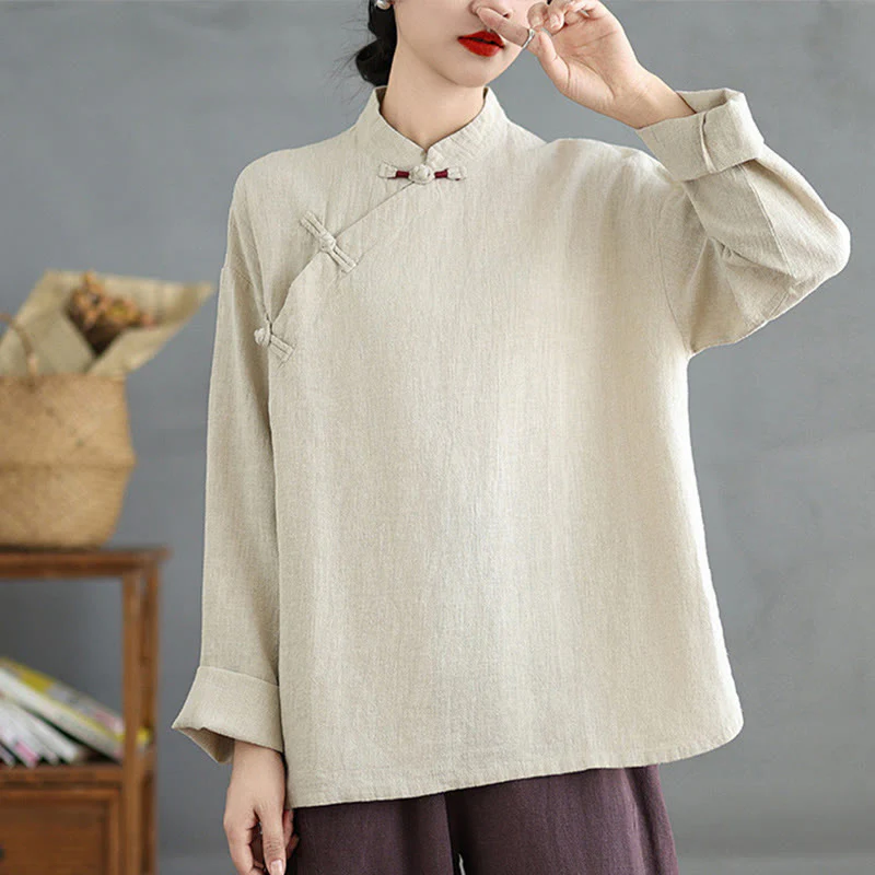 Mocoer Solid Color Frog-Button Long Sleeve Women's Shirt - Mocoer