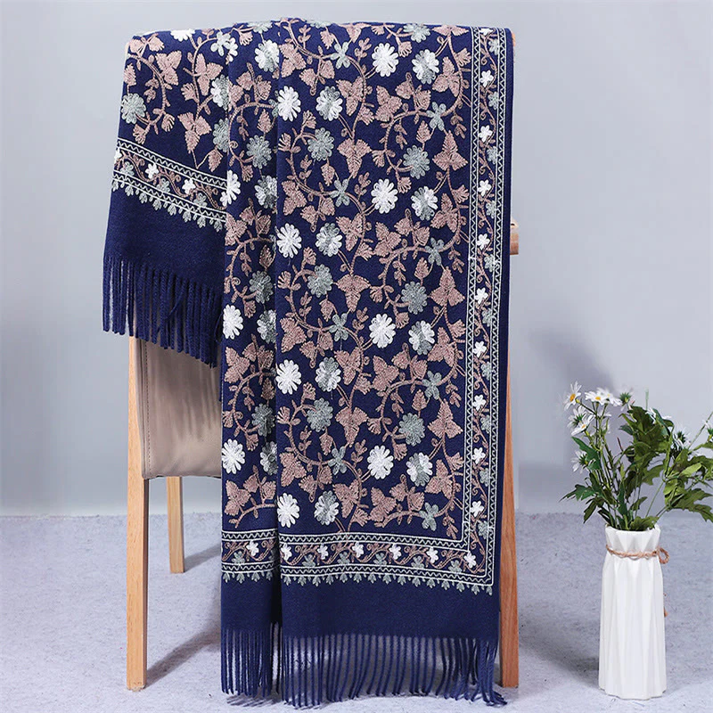 Mocoer Polyester Shawl Cashew Flowers Embroidery Tassel Winter Cozy Travel Scarf Wrap - Mocoer