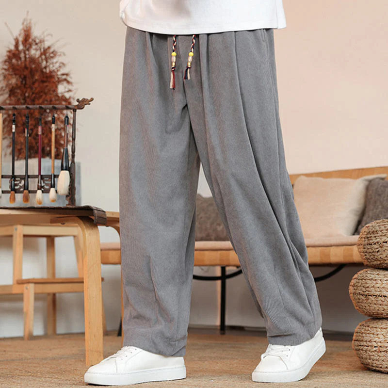 Mocoer Buddha Stones Fall Winter Men's Drawstring Corduroy Solid Pants With Pockets - Mocoer