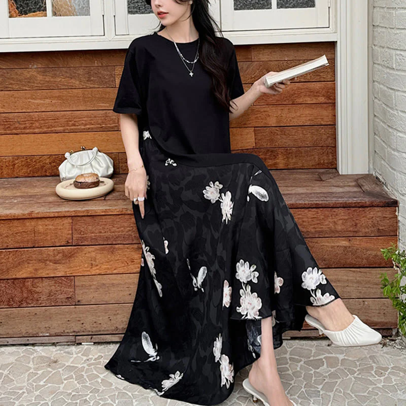 Mocoer Casual Flower Jacquard Short Sleeve T-Shirt Midi Dress - Mocoer