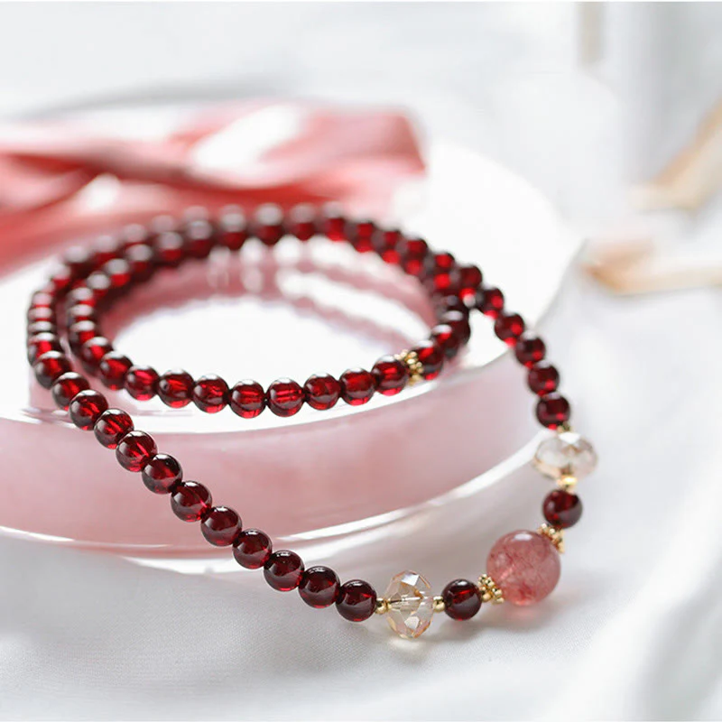 Mocoer 14K Gold Plated Natural Garnet Strawberry Quartz Stability Double Wrap Bracelet - Mocoer