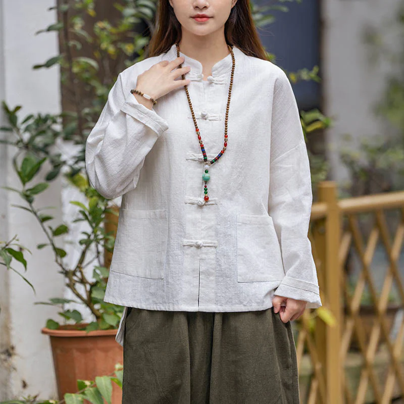 Mocoer Frog-Button Design Shirt Tai Chi Meditation Top Clothing Ramie Linen Jacket - Mocoer