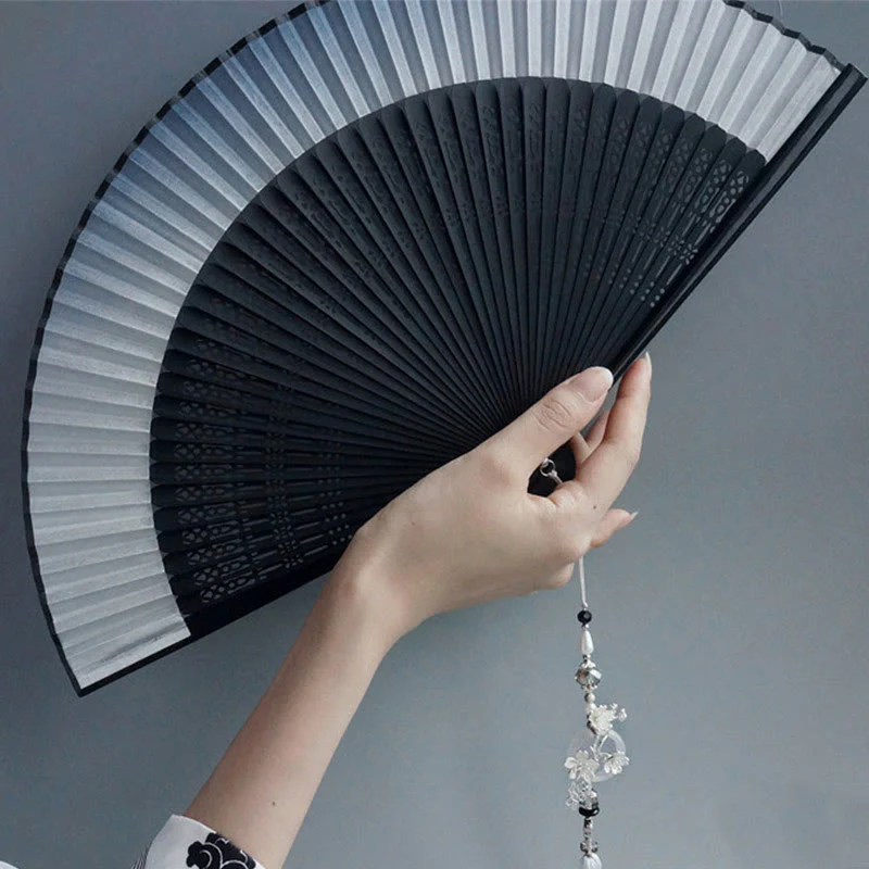 Mocoer Ink Gradient Hollow Rib Plum Bossom Tassel Silk Handheld Bamboo Folding Fan - Mocoer