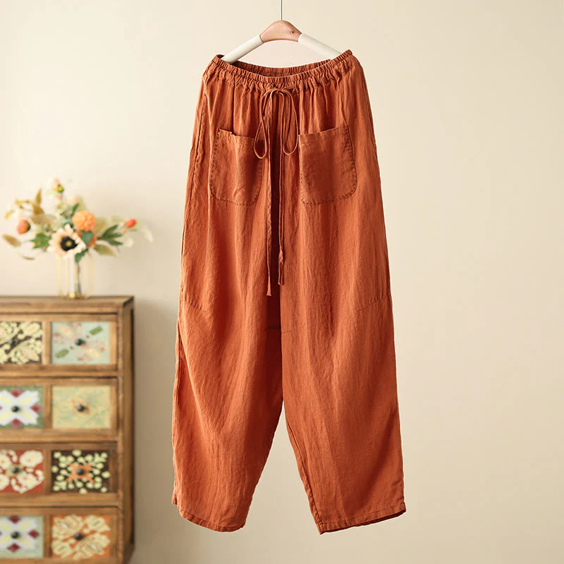 Mocoer Casual Plain Wrinkles Design Drawstring 9 Length Cotton Linen Women's Wide Leg Pants With Pockets - Mocoer