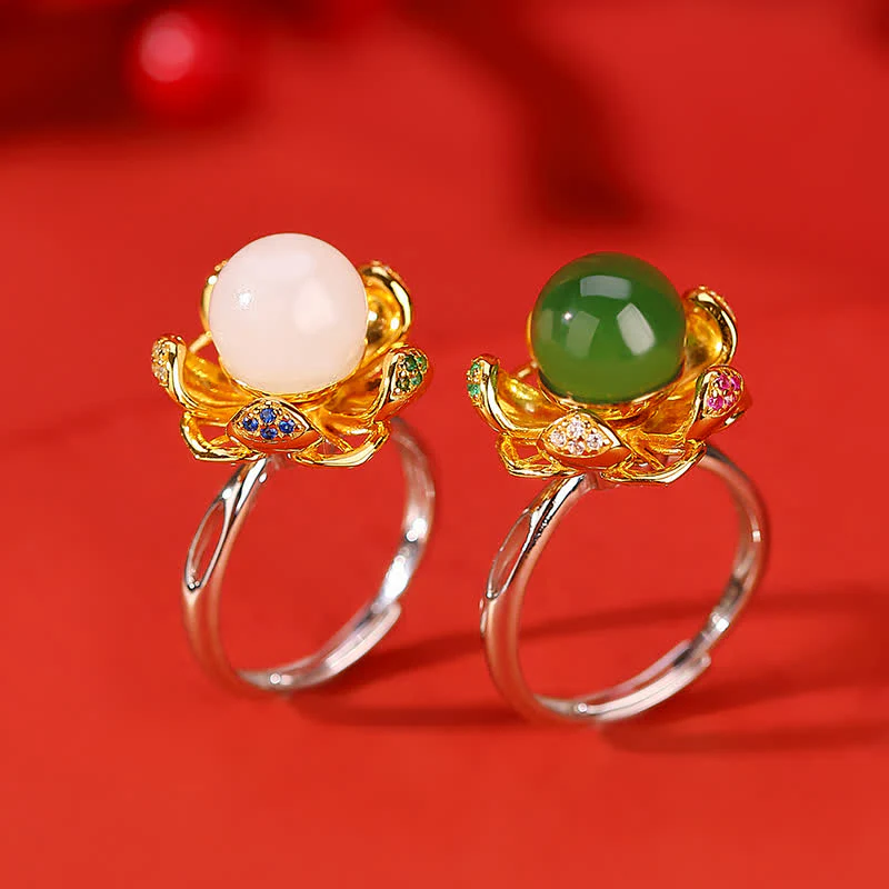 Mocoer 925 Sterling Silver White Jade Cyan Jade Lotus Flower Success Ring - Mocoer