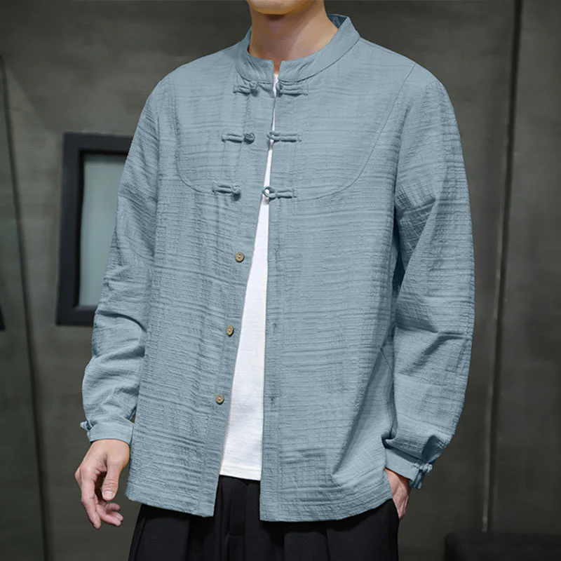 Mocoer Solid Color Half Frog-button Tang Suit Cotton Linen Men's Jacket Shirt - Mocoer