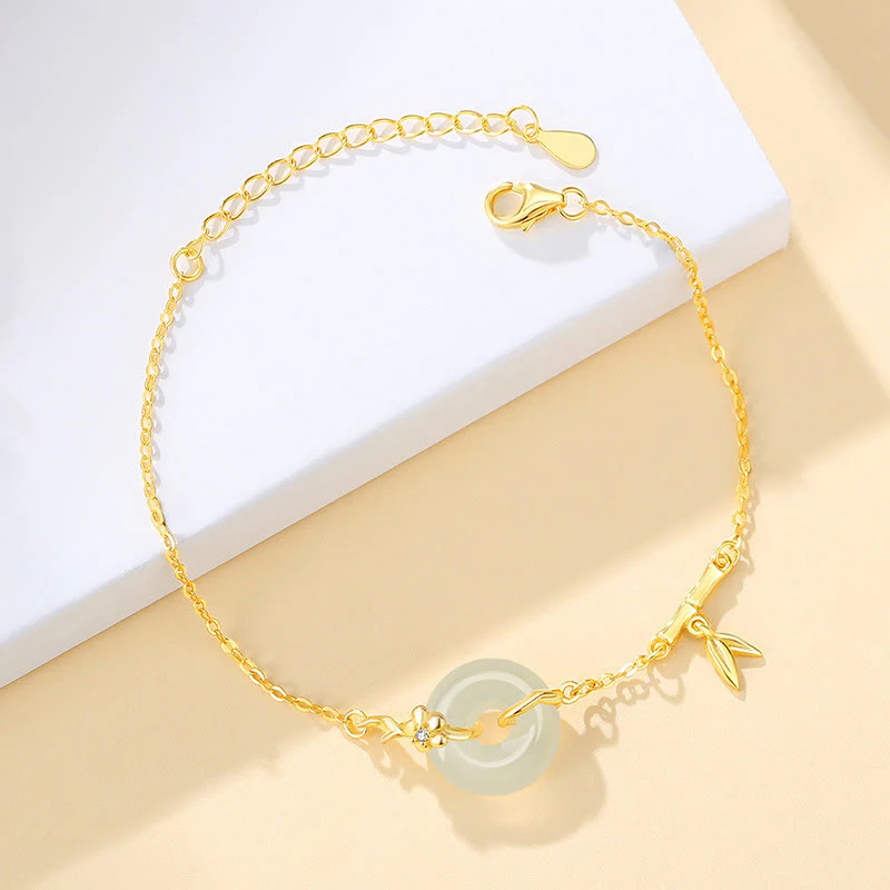 Mocoer 925 Sterling Silver Hetian Jade Chalcedony Peace Buckle Bamboo Leaf Prosperity Chain Bracelet - Mocoer