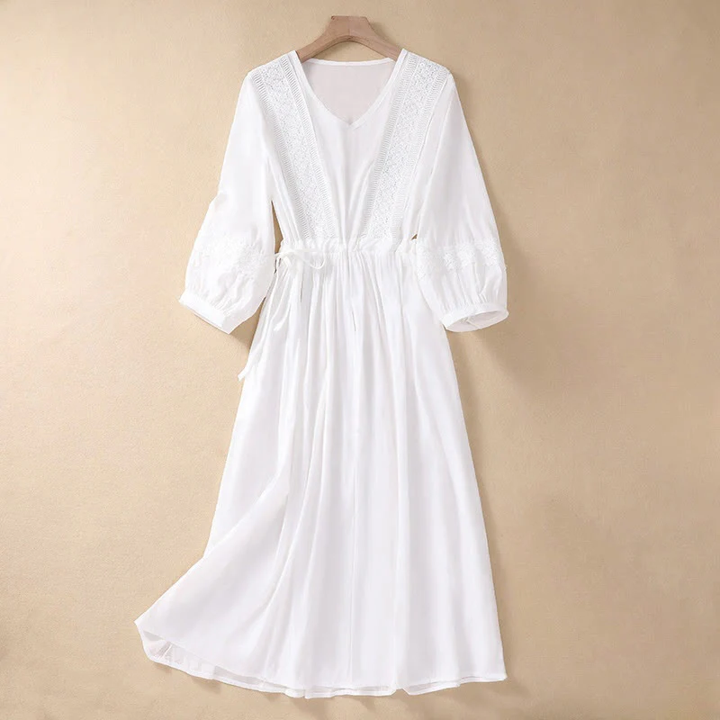 Mocoer Summer Solid Color Long Lantern Sleeve Drawstring Cotton Linen Women's Maxi Dress With Pockets - Mocoer