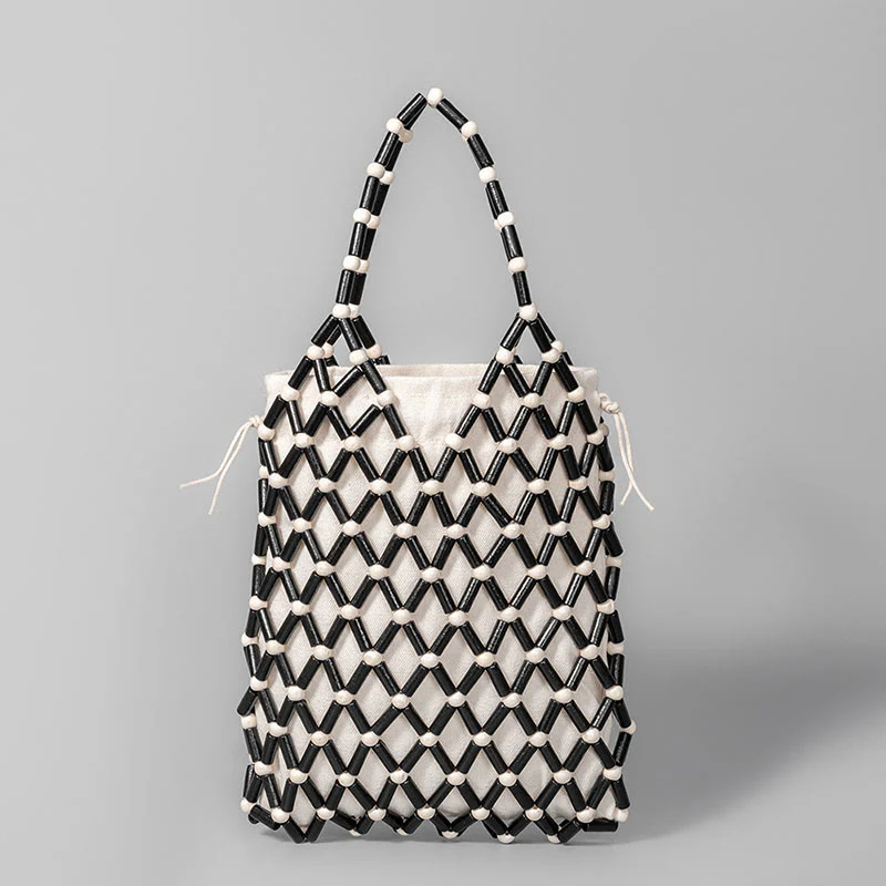 Mocoer Hand-woven Mesh Hollow Wooden Beads Handbag - Mocoer