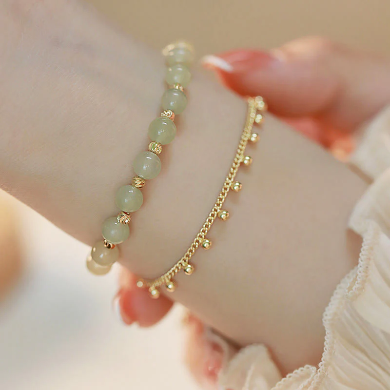 Mocoer 14K Gold Plated 2 Layers Hetian Jade Bead Luck Prosperity Bracelet - Mocoer