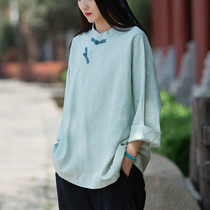 Mocoer Ramie Linen Loose Blouse Women Long Sleeve Shirt Chinese Hanfu Top - Mocoer