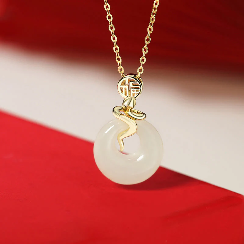 Mocoer 925 Sterling Silver Hetian Jade Year Of The Snake Peace Buckle Fu Character Blessing Necklace Pendant - Mocoer
