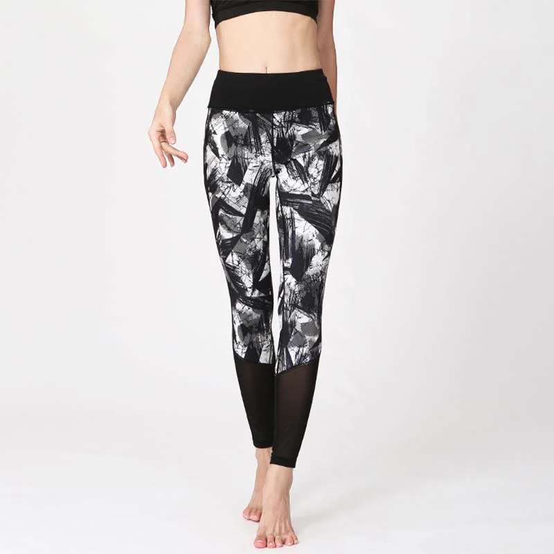 Mocoer White Black Ink Brush Lines Print Sports Fitness Mesh Leggings Women's Yoga Pants - Mocoer