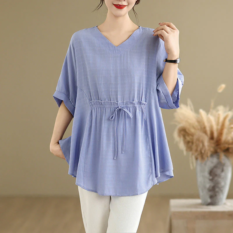 Mocoer Casual Solid Color Half Sleeve Half Button Women's T-Shirt - Mocoer