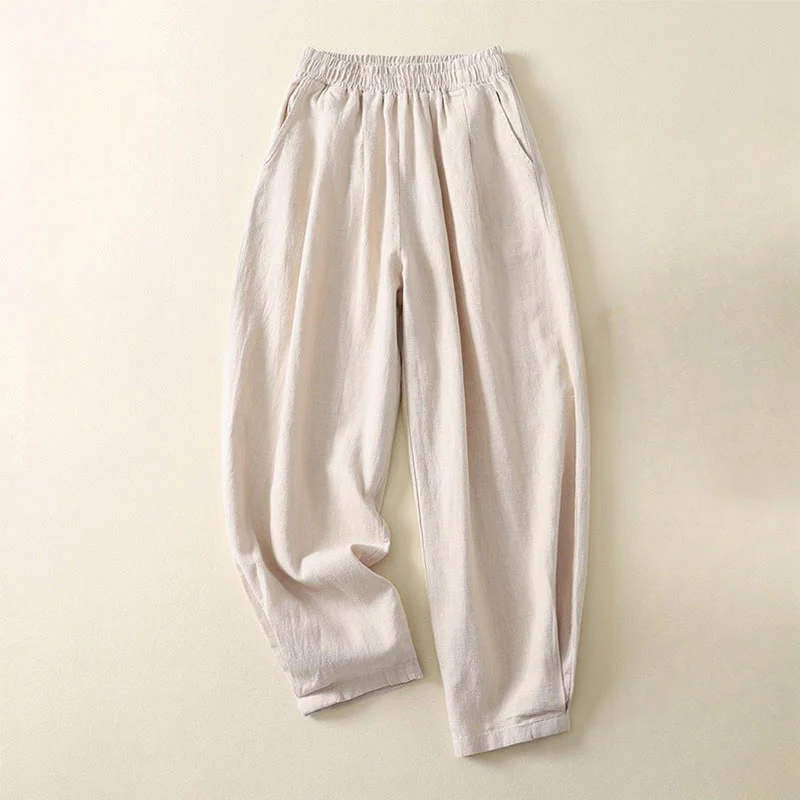 Mocoer Versatile Casual Solid Color Elastic Waistband Cotton Linen Women's Pants With Pockets - Mocoer