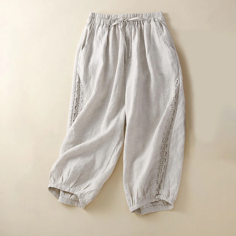 Mocoer Solid Color Flower Loose Drawstring Harem Pants With Pockets - Mocoer