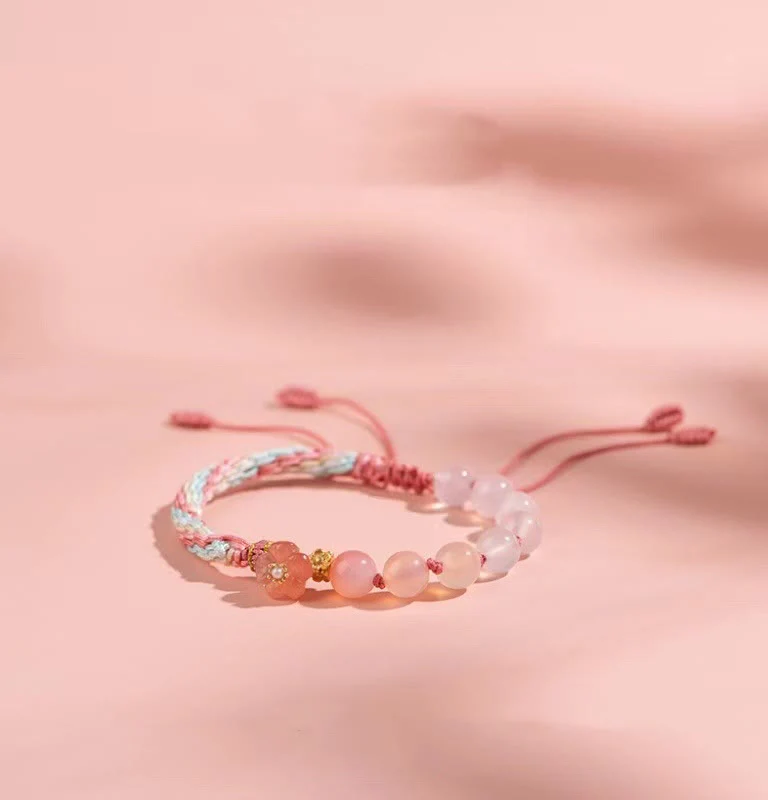 Mocoer Natural Gradient Agate Reincarnation Knot Peach Blossom Wealth Luck Handmade String Bracelet - Mocoer