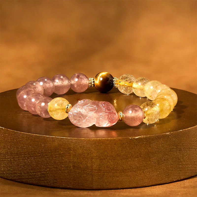 Mocoer Strawberry Quartz Pixiu Rutilated Quartz Beads Healing Bracelet - Mocoer