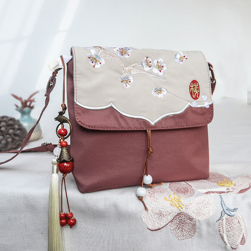 Mocoer Plain Brown Embroidered Plum Bossom Cotton Linen Crossbody Bag Shoulder Bag - Mocoer