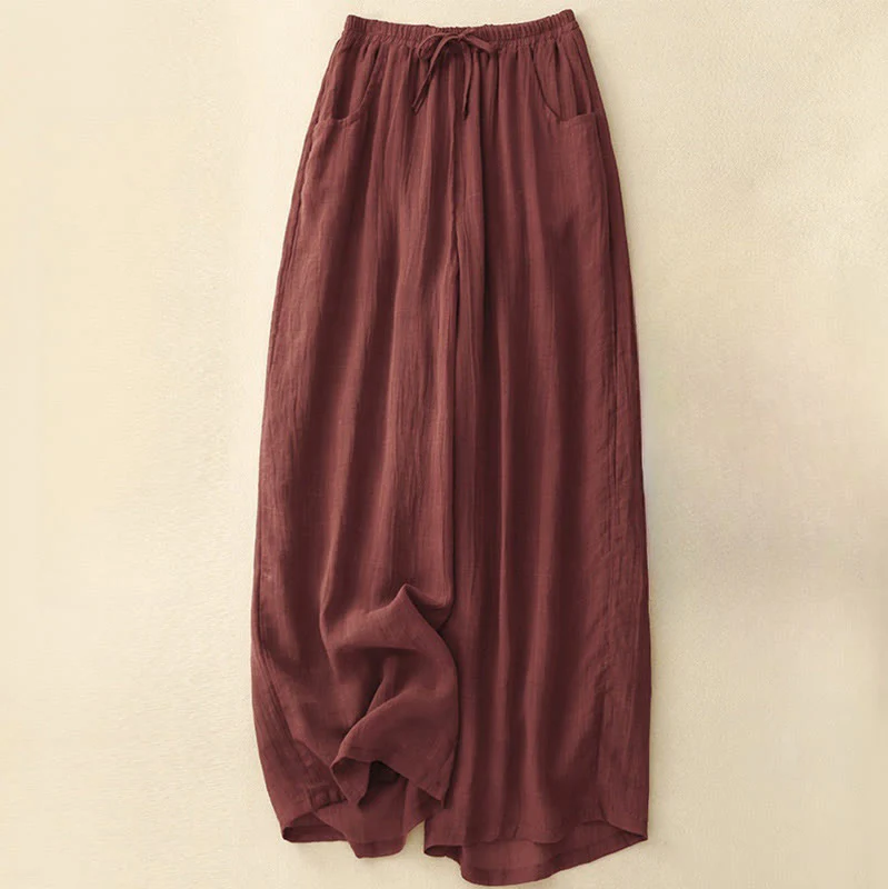 Mocoer Spring Pure Color Drawstring Double Layer Cotton Linen Women's Wide Leg Pants With Pockets - Mocoer