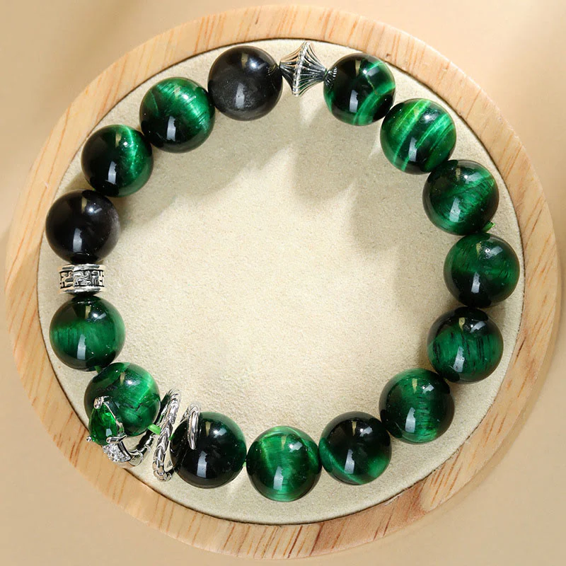 Mocoer Green Tiger Eye Silver Sheen Obsidian Year of the Snake Strength Bracelet - Mocoer