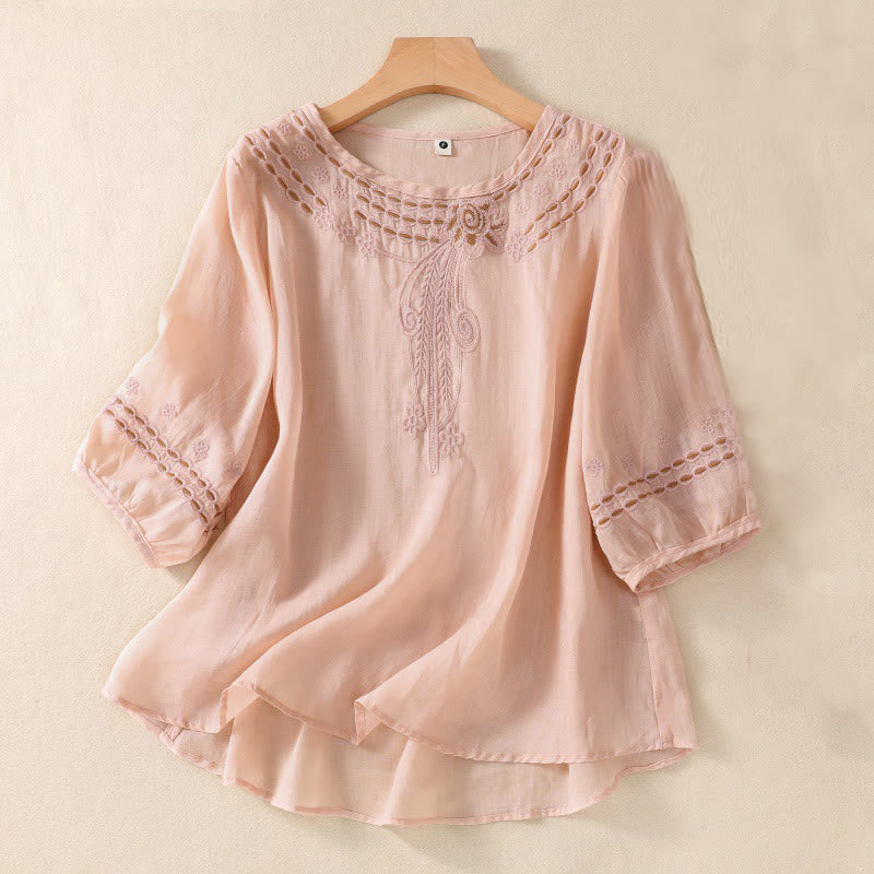 Mocoer Women's Crew Neck Hollow Design Half Sleeve Cotton Linen Shirt - Mocoer