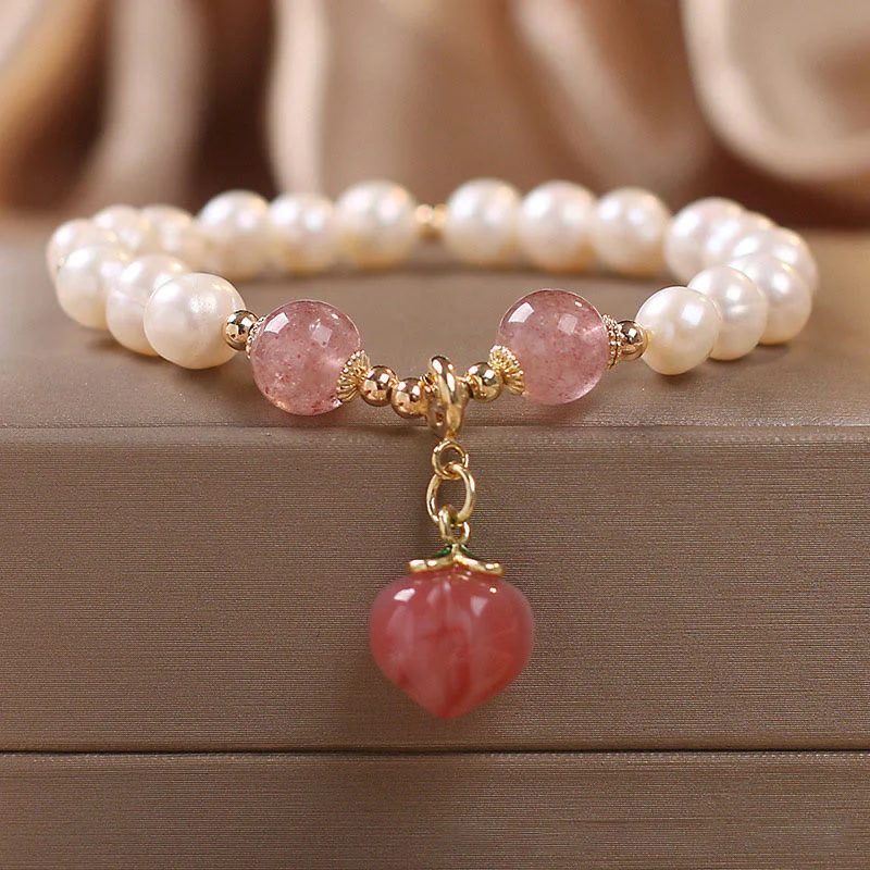 Mocoer Natural Pearl Strawberry Quartz Peach Love Heart Wisdom Charm Bracelet - Mocoer
