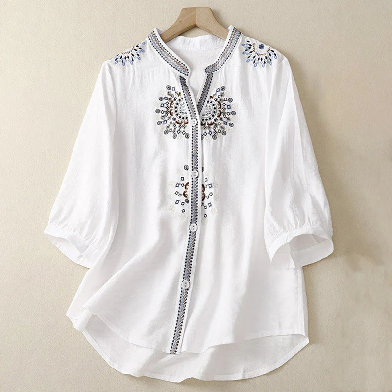 Mocoer Casual Women's Bohemia Embroidery Flowers V-Neck Design Half Sleeve Cotton Linen Shirt - Mocoer