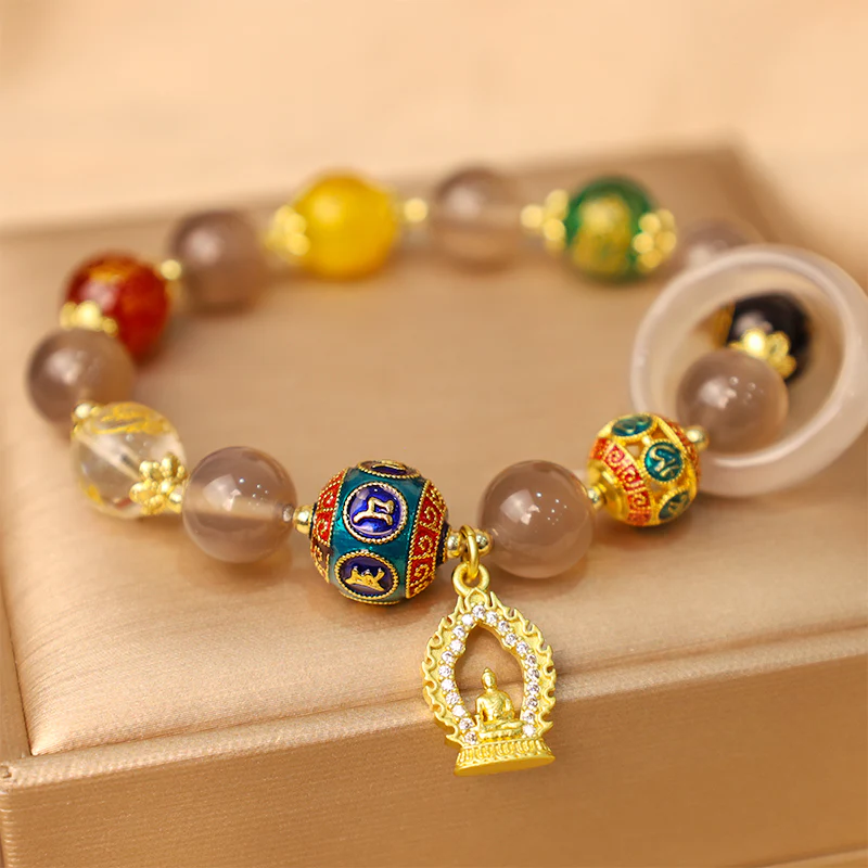 Mocoer Natural Gray Agate Five Directions Gods of Wealth Om Mani Padme Hum Buddha Charm Bracelet - Mocoer
