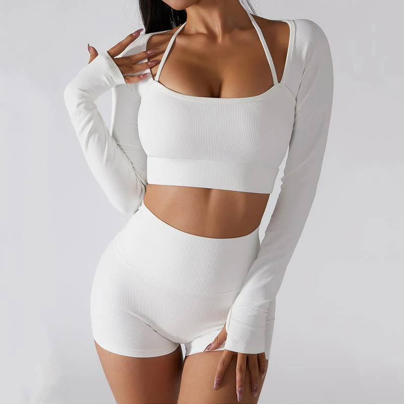 Mocoer Ribbed Long Sleeve Crop Top T-shirt Shorts Sports Fitness Gym Yoga Outfits - Mocoer