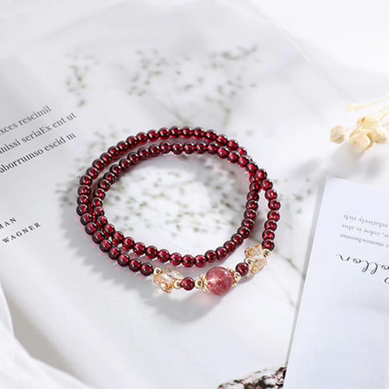 Mocoer 14K Gold Plated Natural Garnet Strawberry Quartz Butterfly Protection Double Wrap Bracelet - Mocoer