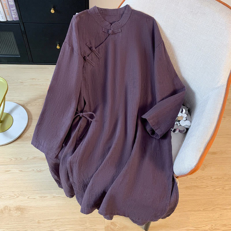 Mocoer Casual Women's Plain Frog-Button Stand Collar Design Long Sleeve Cotton Linen Shirt With Pockets - Mocoer