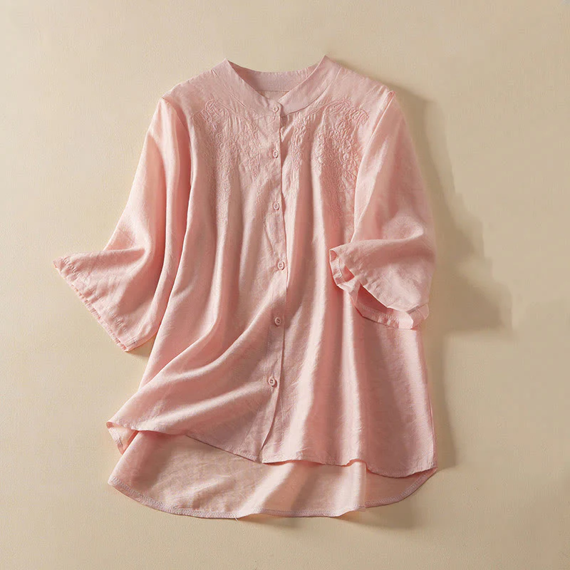 Mocoer Casual Women's Embroidered Stand Collar Design Cardigan Half Sleeve Cotton Linen Shirt - Mocoer