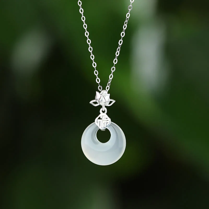 Mocoer Chalcedony 925 Sterling Silver Lotus Flower Fu Character Peace Buckle Positive Necklace Pendant - Mocoer