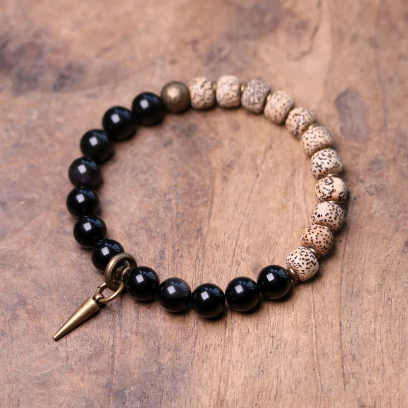 Mocoer Tibetan Bodhi Seed Black Obsidian Ebony Wood Copper Peace Bracelet - Mocoer