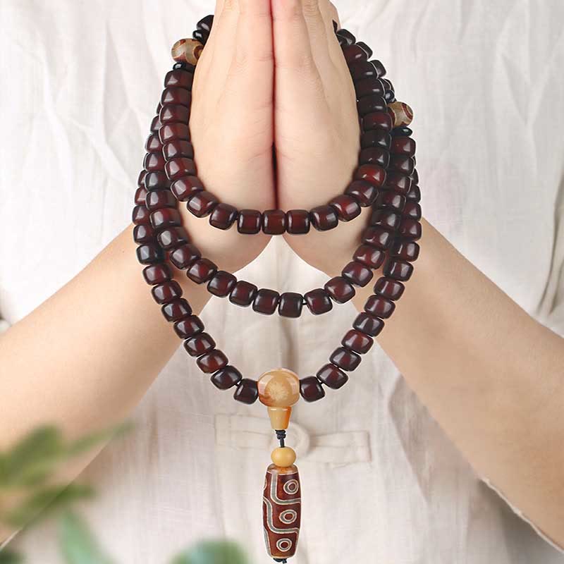 Mocoer 108 Mala Beads Three-eyed Dzi Bead Nine-eye Dzi Bead Jade Luck Bracelet - Mocoer