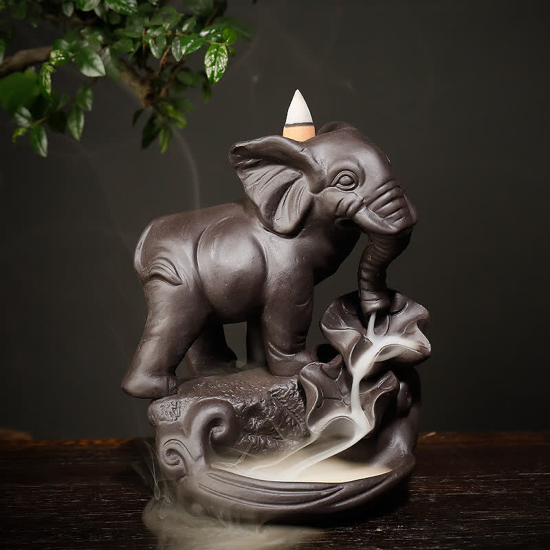Mocoer Tibetan Elephant Purple Clay Backflow Smoke Fountain Peace Healing Incense Burner Decoration - Mocoer