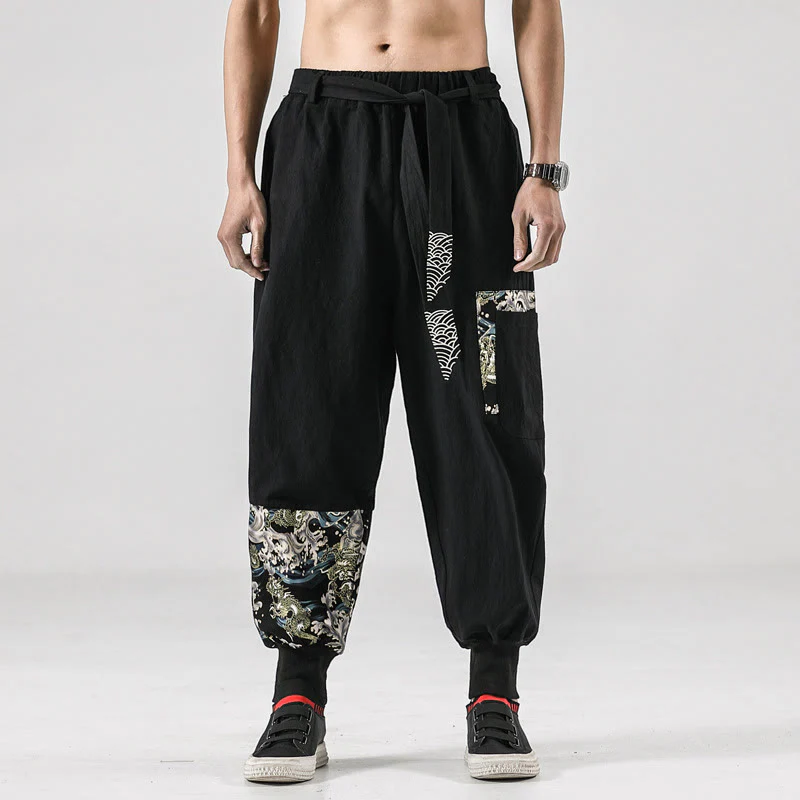 Mocoer Ocean Waves Lace-up Cotton Men's Harem Pants With Pockets - Mocoer