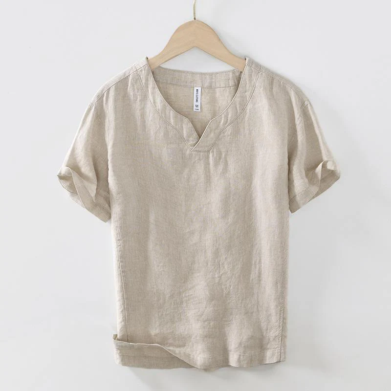 Mocoer Casual Plain V-neck Short Sleeve Linen Men's Shirt - Mocoer