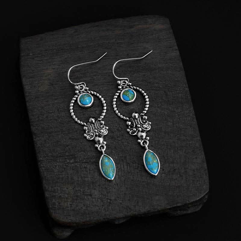 Mocoer 925 Sterling Silver Vintage Turquoise Waterdrop Pattern Balance Drop Dangle Earrings - Mocoer