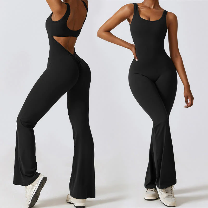 Mocoer Women Workout Sleeveless Jumpsuit Flare Pants Sports Fitness Yoga Bodysuit - Mocoer