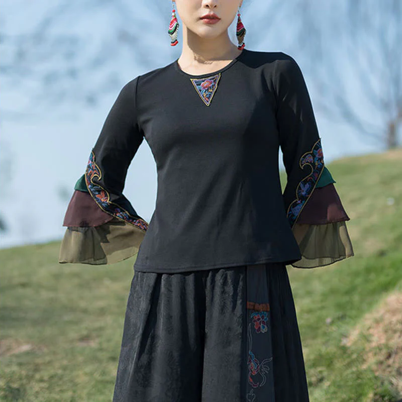 Mocoer Embroidery Flower T-shirt Three Quarter Bell Flare Sleeves Cotton Top Tee - Mocoer