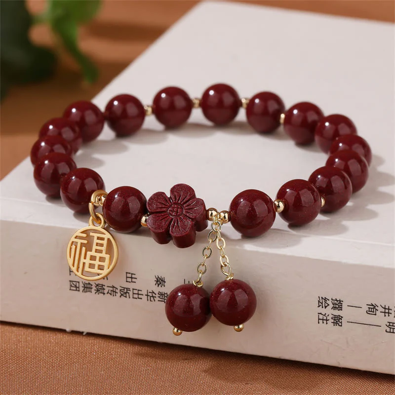 Mocoer Cinnabar Fu Character Cherry Blossom Blessing Bracelet - Mocoer