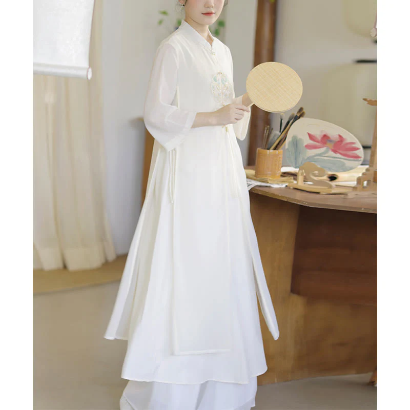 Mocoer Embroidery Chiffon Cheongsam Midi Dress Wide Leg Pants Meditation Zen Practice Clothing - Mocoer