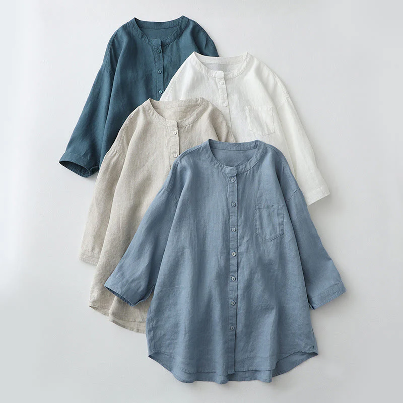 Mocoer Solid Color Button Three Quarter Sleeve Cotton Linen Shirt - Mocoer