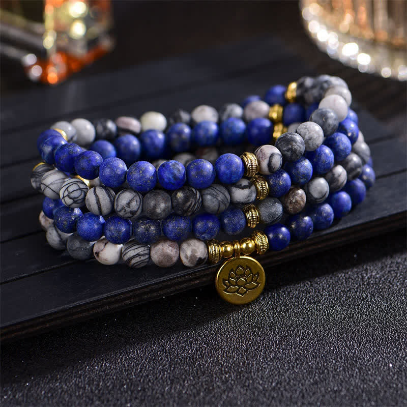 Mocoer Lazurite Picasso Jasper Amazonite Rhodonite Apatite Positive Lotus Prayer Bead Bracelet - Mocoer
