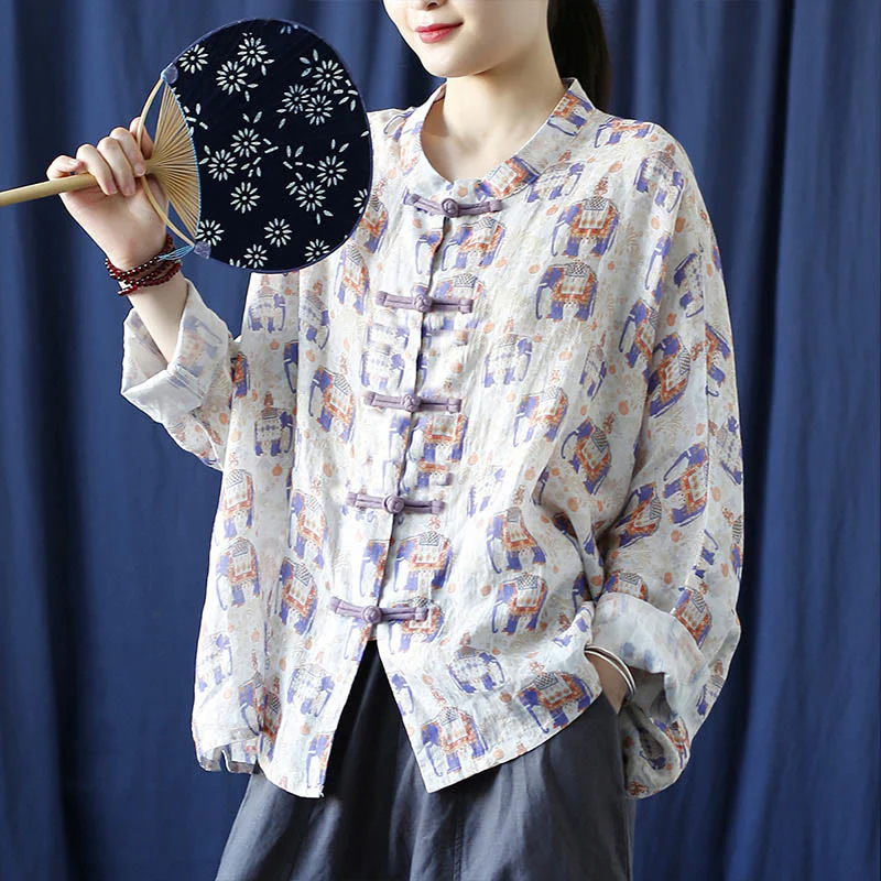 Mocoer Elephant Print Frog-button Design Batwing Long Sleeve Ramie Linen Jacket Shirt - Mocoer