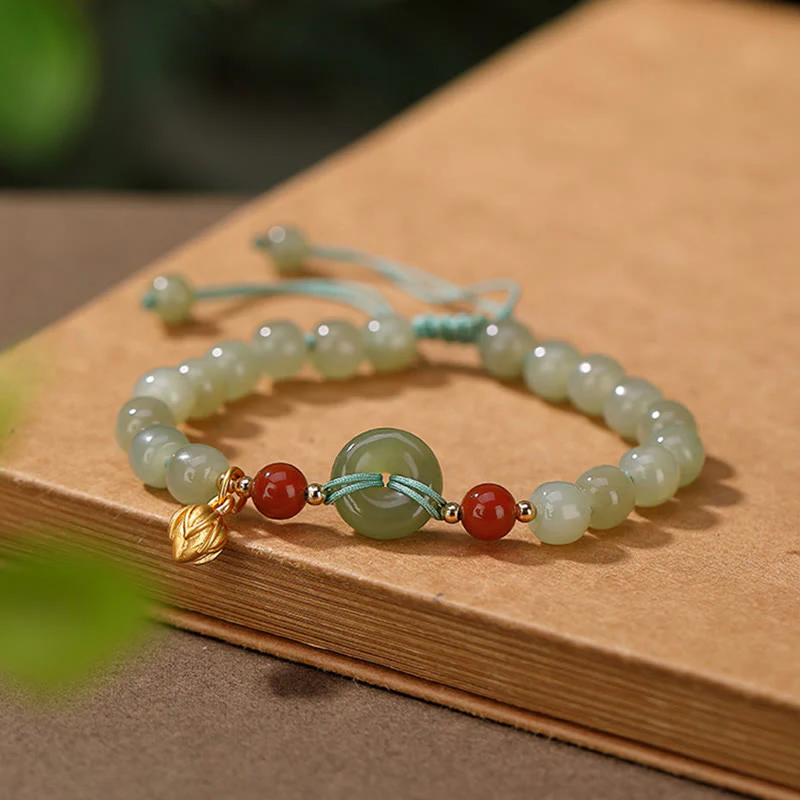 Mocoer 925 Sterling Silver Natural Hetian Jade Peace Buckle Red Agate Luck Bracelet - Mocoer