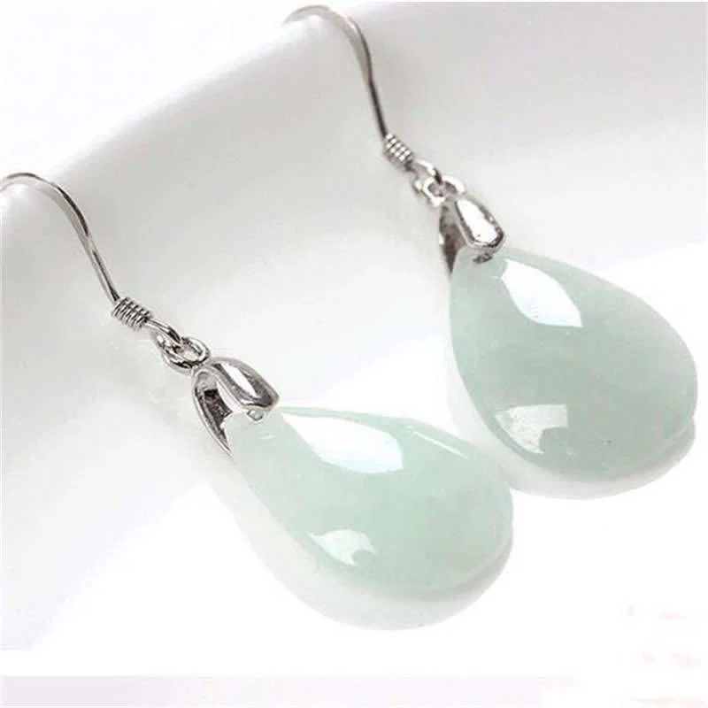Mocoer 925 Sterling Silver Jade Water Drop Luck Dangle Earrings - Mocoer
