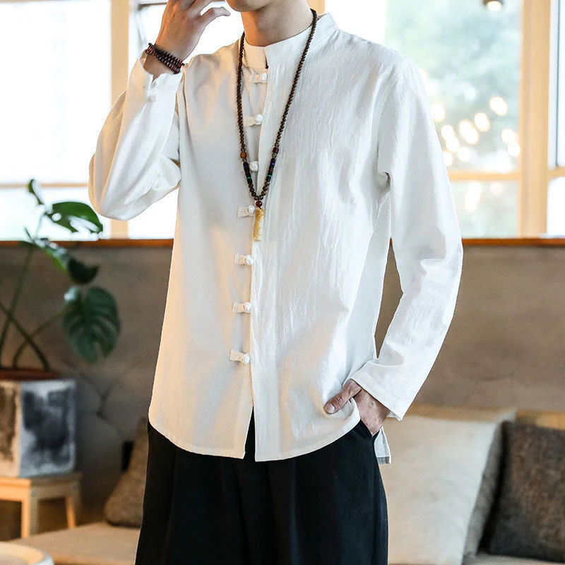 Mocoer Casual Stand Collar Frog-Button Long Sleeve Tang Suit Linen Men's Shirt - Mocoer